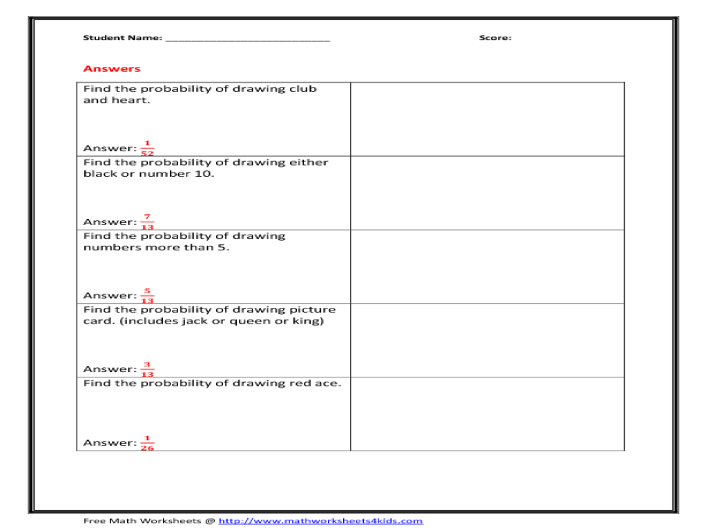 Probability deck of cards worksheet