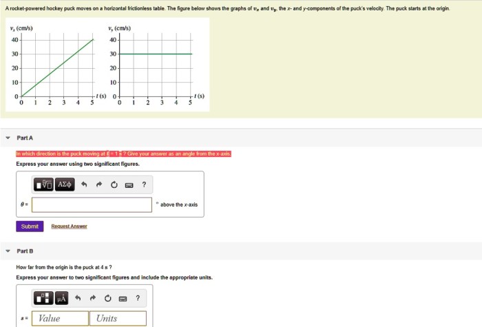 Puck hockey moves rocket horizontal powered solved frictionless table starts velocity components origin graphs shows