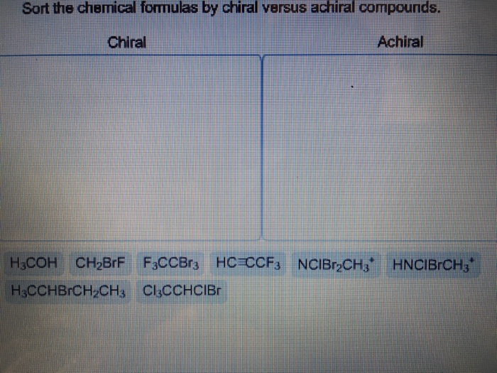 Sort the chemical formulas by chiral versus achiral compounds