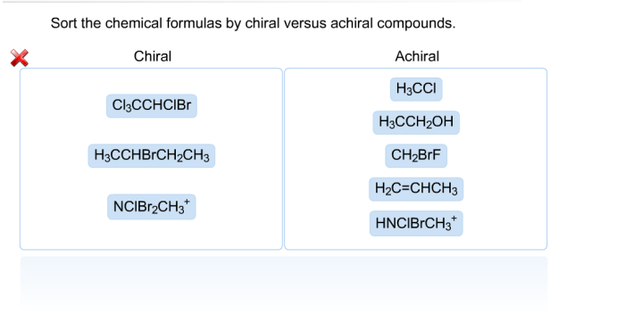 Sort the chemical formulas by chiral versus achiral compounds